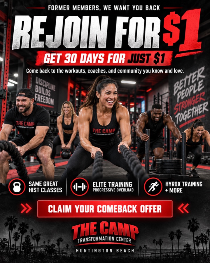 Former members, we want you back. Rejoin for $1 — get 30 days for just $1. Come back to the workouts, coaches, and community you know and love. Same great HIST classes, elite training with progressive overload, HYROX training and more. The Camp Transformation Center, Huntington Beach.
